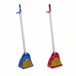 Professional upright blue and red broom and dustpan sets with hooded waste containers