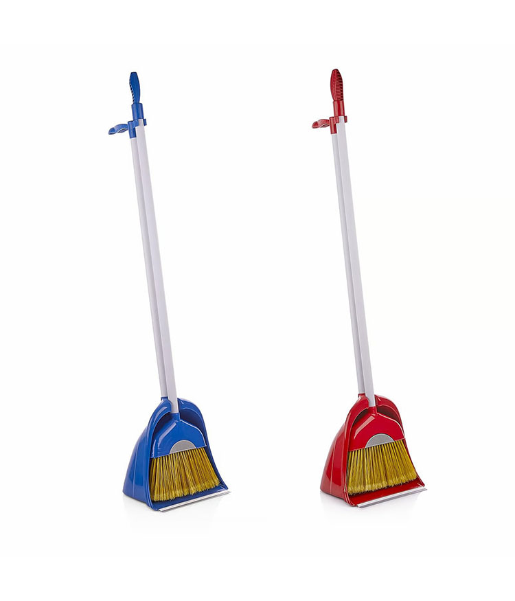 Professional upright blue and red broom and dustpan sets with hooded waste containers