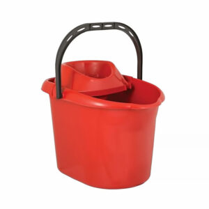 Professional heavy duty red cleaning bucket with integrated black wringer funnel and structural carry handle