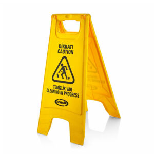 Professional heavy duty yellow cleaning in progress sign with foldable a-frame stand and multi-lingual caution text
