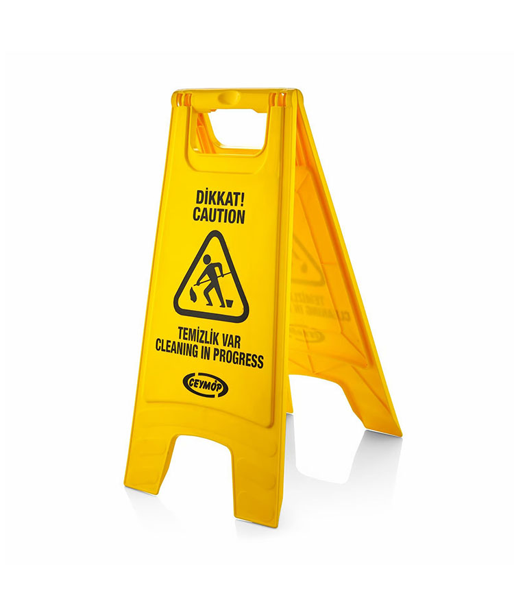Professional heavy duty yellow cleaning in progress sign with foldable a-frame stand and multi-lingual caution text