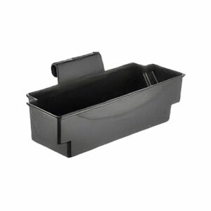 Professional heavy duty black cleaning set basket caddy attachment with integrated hanging hooks for janitorial utility carts