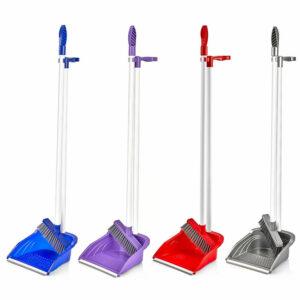 Professional upright deluxe broom and dustpan sets with handles in blue purple red and gray
