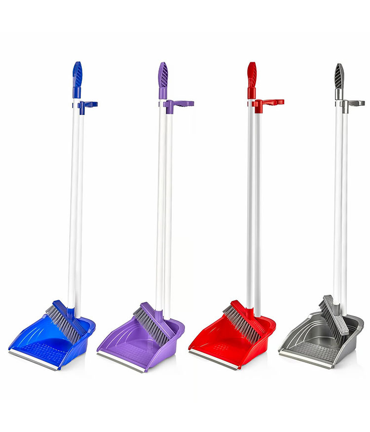 Professional upright deluxe broom and dustpan sets with handles in blue purple red and gray