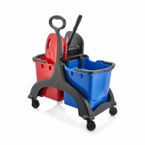 Professional double bucket cleaning set with plastic wringer for commercial floor cleaning operations