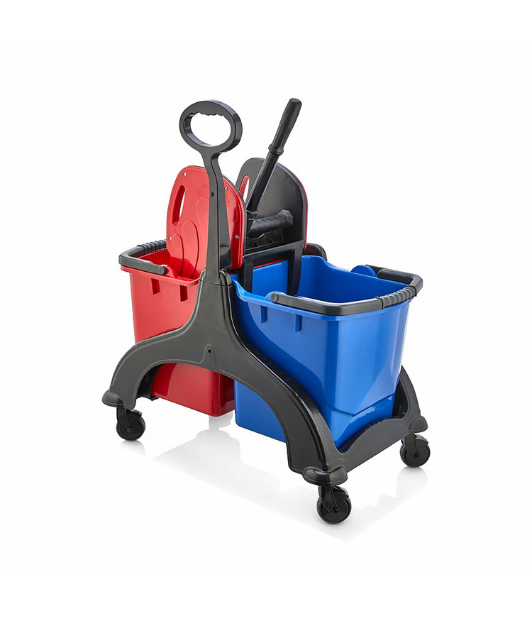 Professional double bucket cleaning set with plastic wringer for commercial floor cleaning operations