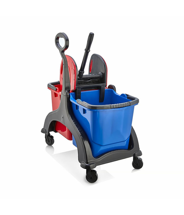 Professional double bucket cleaning set with steel wringer for commercial floor cleaning operations