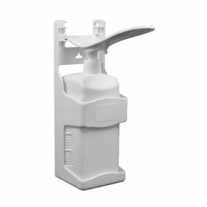 Professional white wall mounted elbow operated sanitizer dispenser with extended manual lever arm