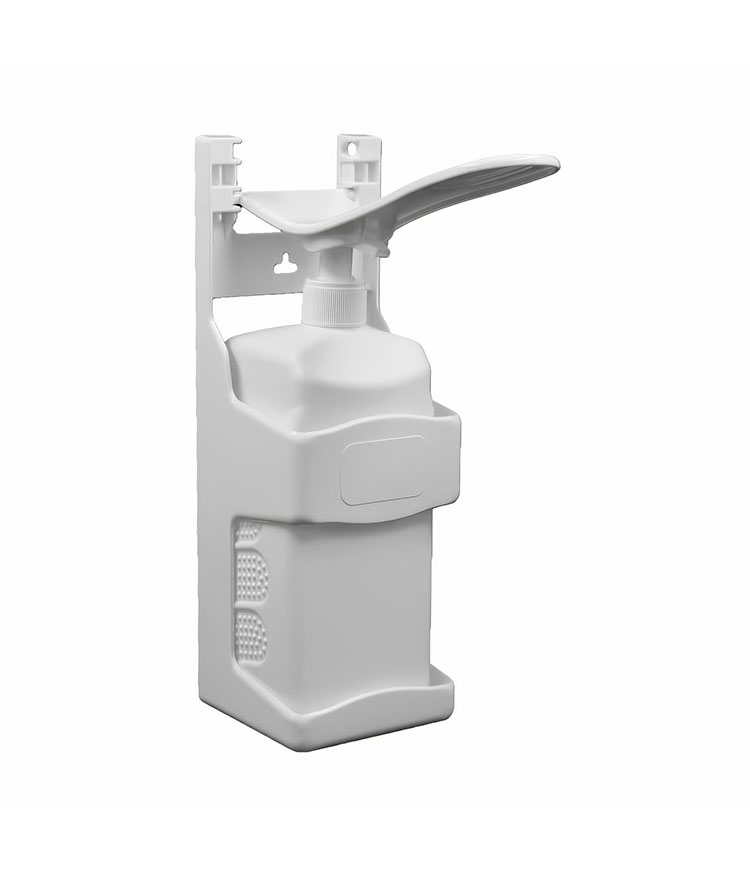 Professional white wall mounted elbow operated sanitizer dispenser with extended manual lever arm