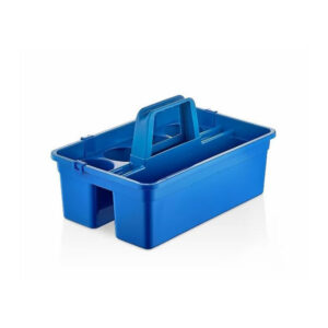 Professional blue plastic cleaning caddy basket with divided compartments and center handle
