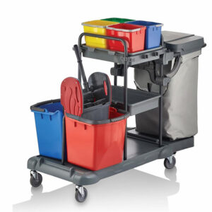Professional housekeeping trolley with double waste collection and 4 buckets for commercial cleaning operations