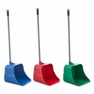 Professional upright industrial lobby dustpans with long handles in blue red and green