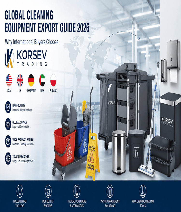 Commercial cleaning equipment supplier Korsev Trading featuring janitorial trolleys, mop bucket systems, hygiene dispensers, and industrial cleaning products for global export