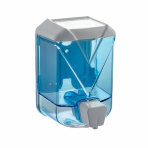 Professional wall mounted translucent blue liquid soap dispenser with gray push button
