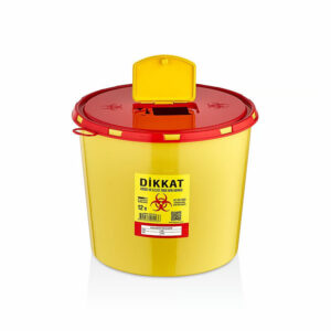 Professional yellow and red round plastic medical waste bin with biohazard warning label