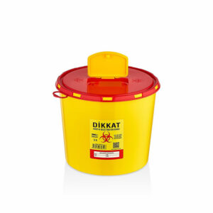 Professional yellow and red round plastic medical waste bin with biohazard warning label