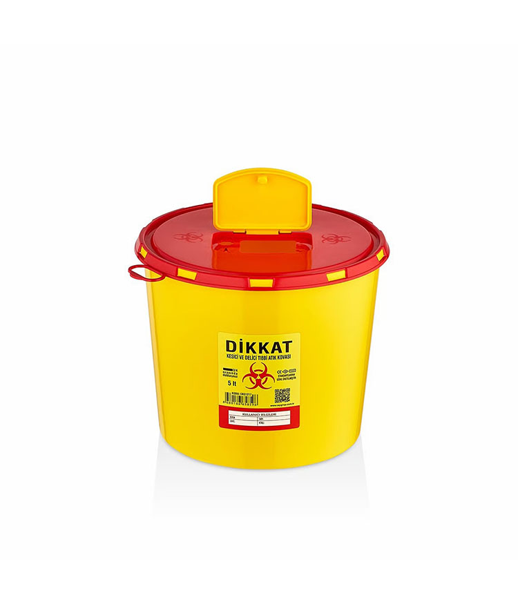 Professional yellow and red round plastic medical waste bin with biohazard warning label