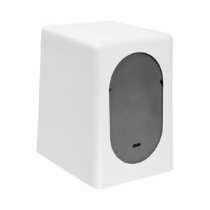 Professional white tabletop napkin dispenser with dual sided dispensing slot for commercial restaurants