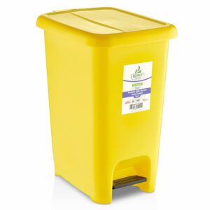 Professional heavy duty yellow pedal waste bin with hands free foot step lever and black wheels