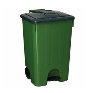 Professional heavy duty green pedal waste container with hands free foot step lever and black wheels