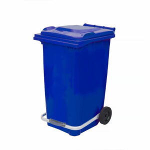 Professional heavy duty blue pedal waste container with hands free foot step lever and black wheels