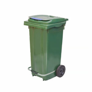 Professional heavy duty green pedal waste container with hands free foot step lever and black wheels
