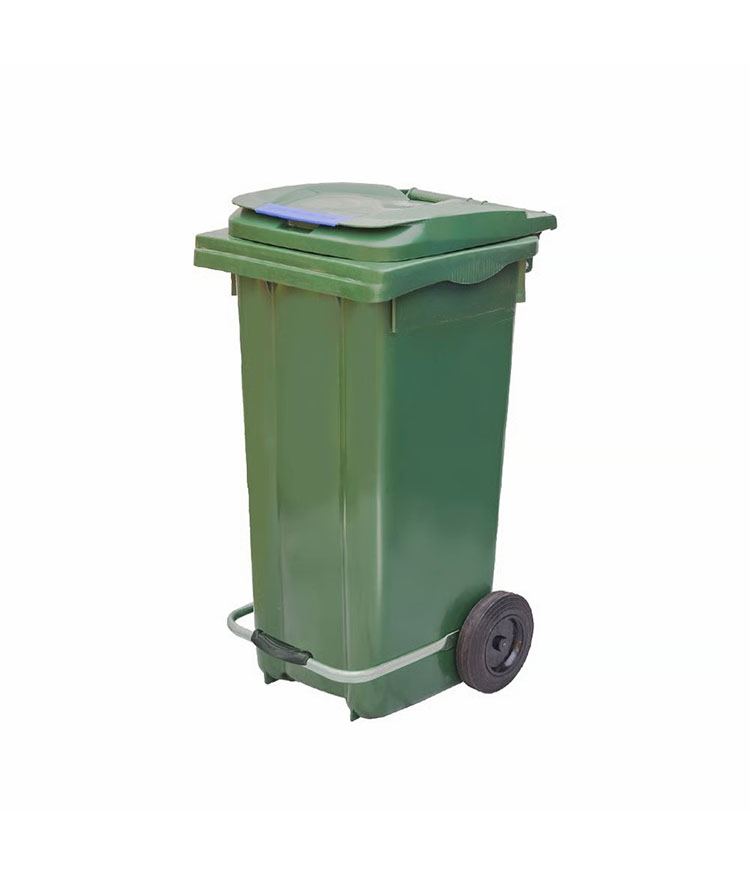 Professional heavy duty green pedal waste container with hands free foot step lever and black wheels