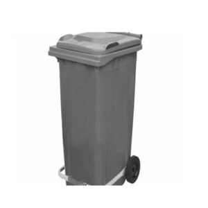 Professional heavy duty light gray pedal waste container with hands free foot step lever and black wheels