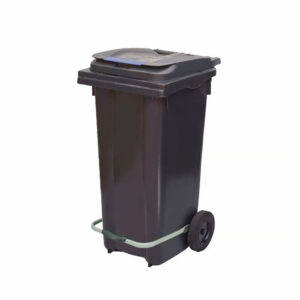 Professional heavy duty dark gray charcoal pedal waste container with hands free foot step lever and black wheels