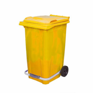Professional heavy duty yellow pedal waste container with hands free foot step lever and black wheels