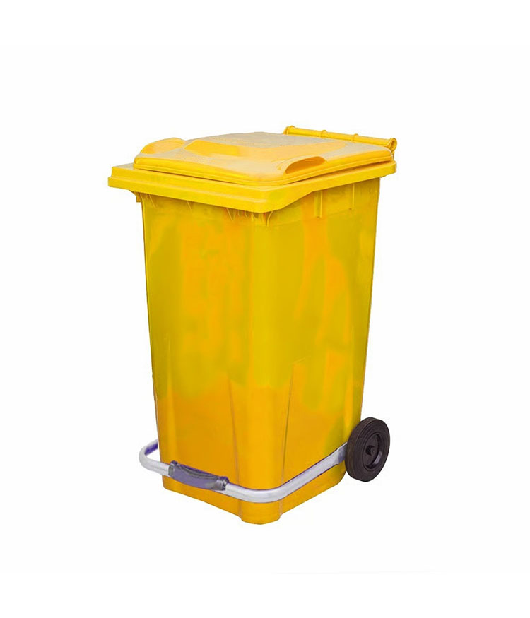 Professional heavy duty yellow pedal waste container with hands free foot step lever and black wheels