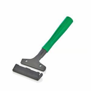Professional black plastic floor scraper tool with ergonomic green handle grip