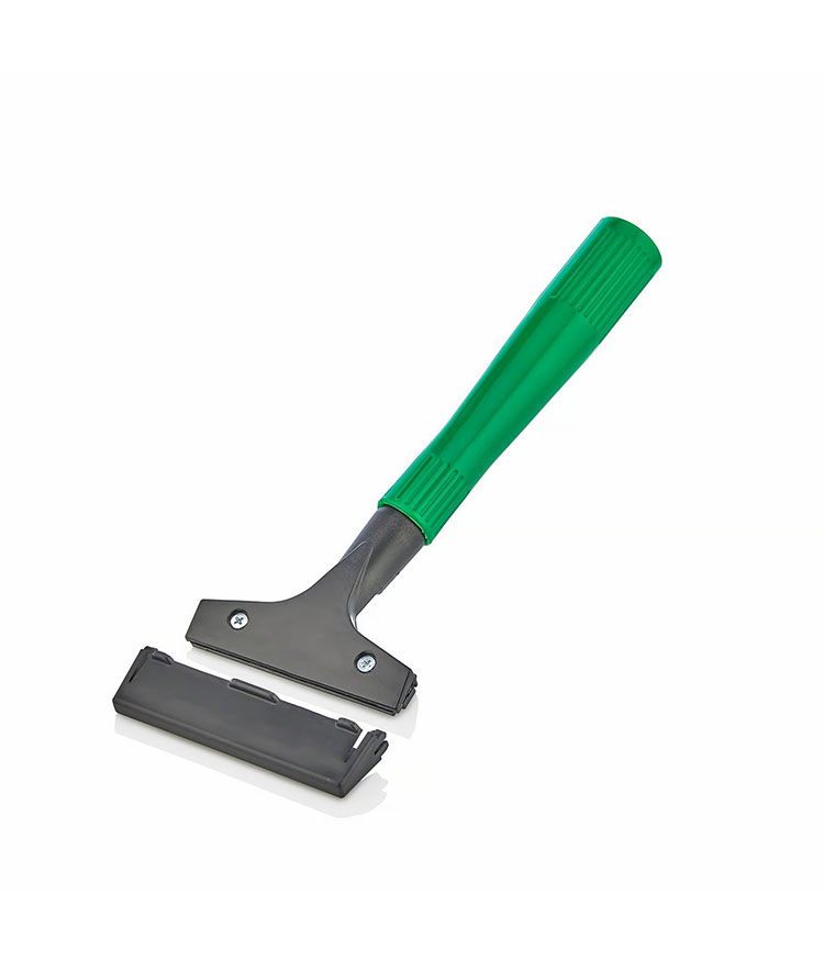 Professional black plastic floor scraper tool with ergonomic green handle grip