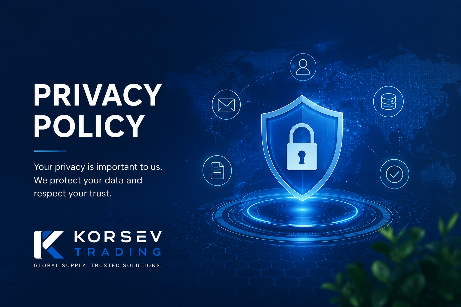 Privacy Policy banner for Korsev Trading international cleaning products and hygiene solutions company