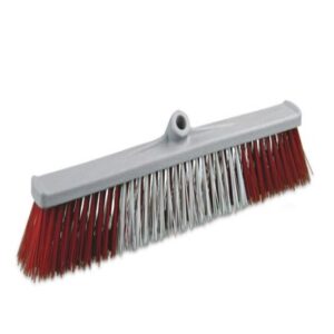 Professional heavy duty hard floor sweeping brush broom head with red and white rigid bristles and a gray threaded plastic block