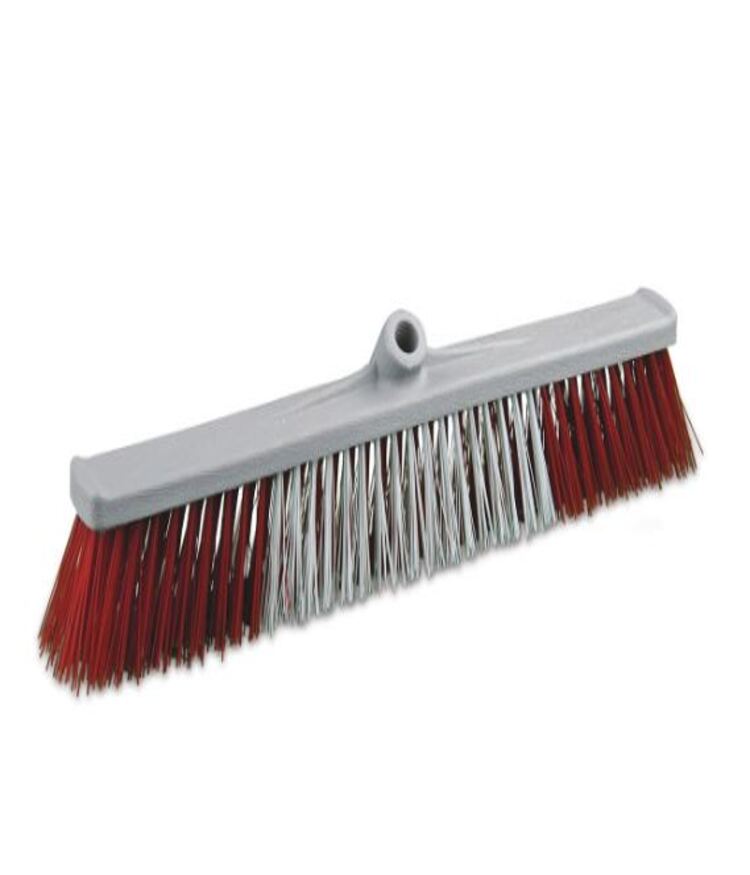 Professional heavy duty hard floor sweeping brush broom head with red and white rigid bristles and a gray threaded plastic block