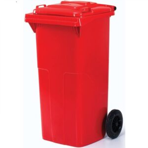 Professional heavy duty red mobile waste container with hinged lid and black rubber wheels