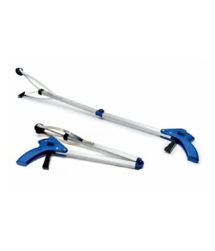 Professional aluminum trash picker grabber tool with blue pistol grip handle
