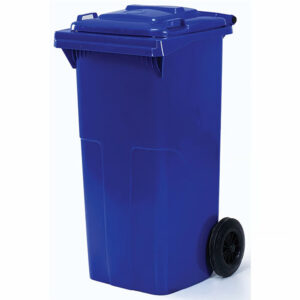 Professional heavy duty blue mobile waste container with hinged lid and black rubber wheels