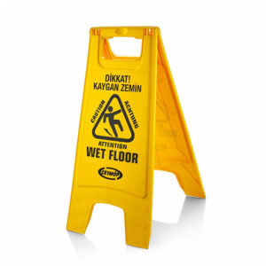 Professional heavy duty yellow wet floor warning sign with foldable a-frame stand and multi-lingual slippery floor caution text