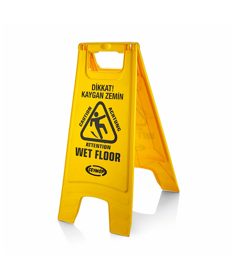 Professional heavy duty yellow wet floor warning sign with foldable a-frame stand and multi-lingual slippery floor caution text