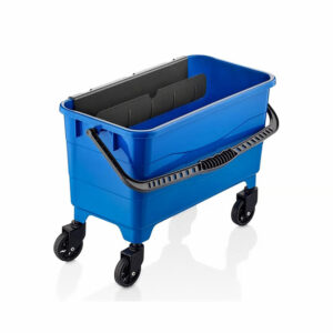 Professional blue rectangular wheeled window cleaning bucket with rolling casters and heavy duty handle