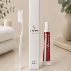 Custom logo printed premium hotel dental kit box by Korsev Trading