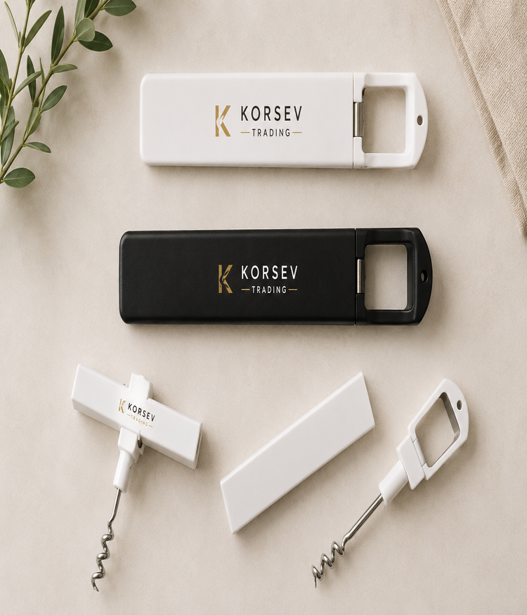 Custom logo printed premium hotel minibar corkscrew and bottle opener by Korsev Trading