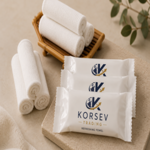 Custom logo printed premium hotel wet rolled towel sachet by Korsev Trading