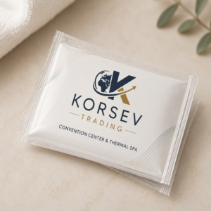 Custom logo printed premium hotel wet wipes sachet by Korsev Trading
