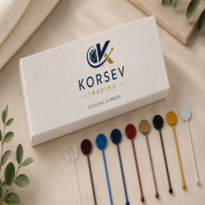 Custom logo printed premium plastic cocktail swizzle sticks box by Korsev Trading